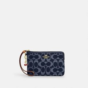 Coach Navy Signature Denim Wristlet with Cherry Charm